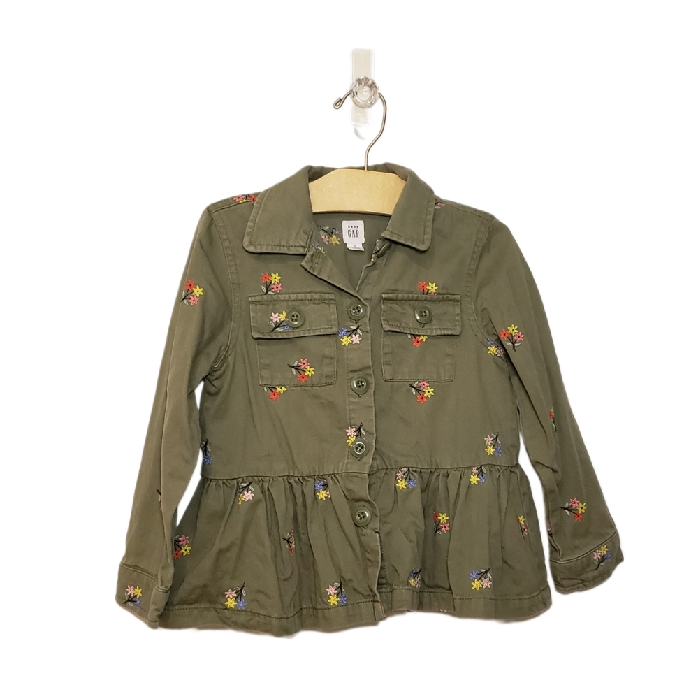 Gap 5T Olive Green Embroidered Flowers Peplum Lightweight Jacket